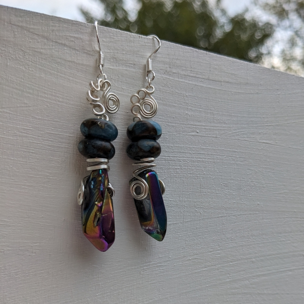 Quartz Crystals & Impression Jasper Silver Earrings Handmade Artisan Wrapped - Picture 8 of 10